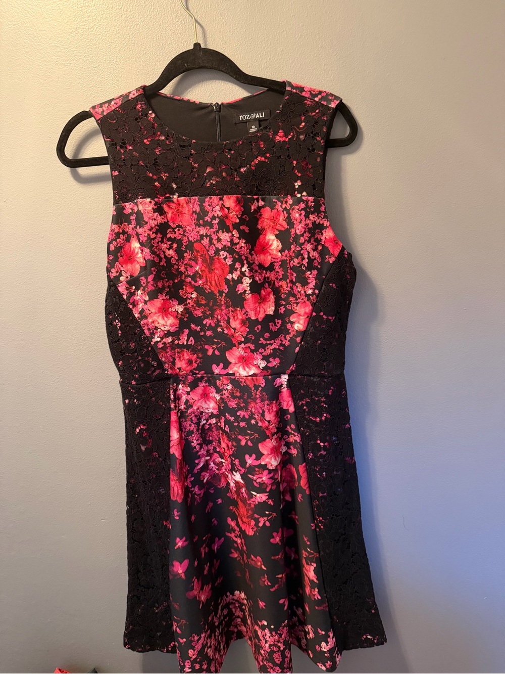 Roz & Ali Black Dress with Pink Floral Lace Panels